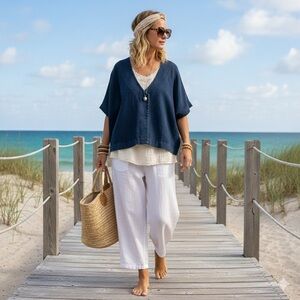 Ann Everett Designer Boxy Denim Oversized Coastal Lagenlook Women's Top OS